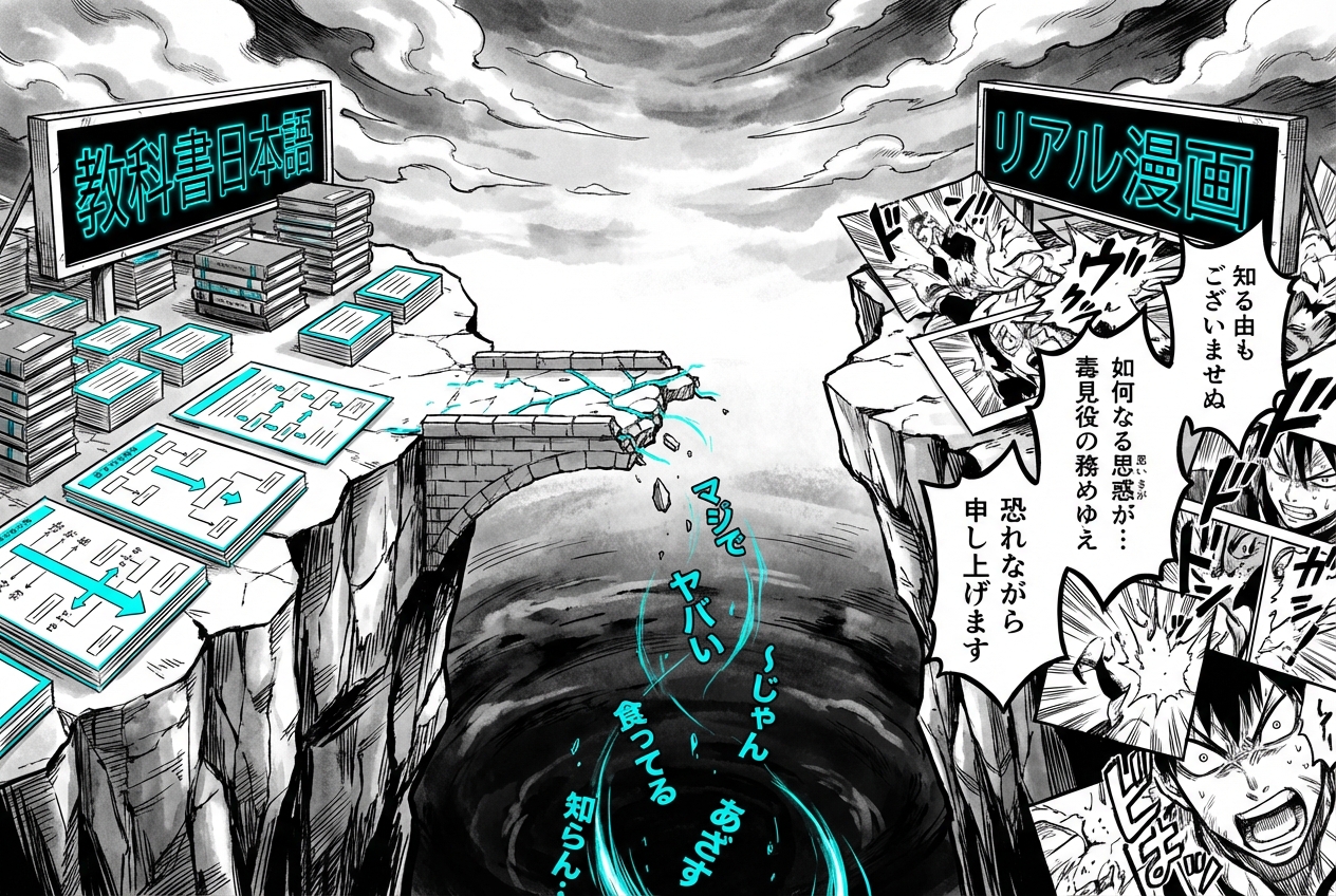 Two cliffs with a broken bridge. Textbook Japanese on one side, Real Manga on the other, with words falling into the gap between them