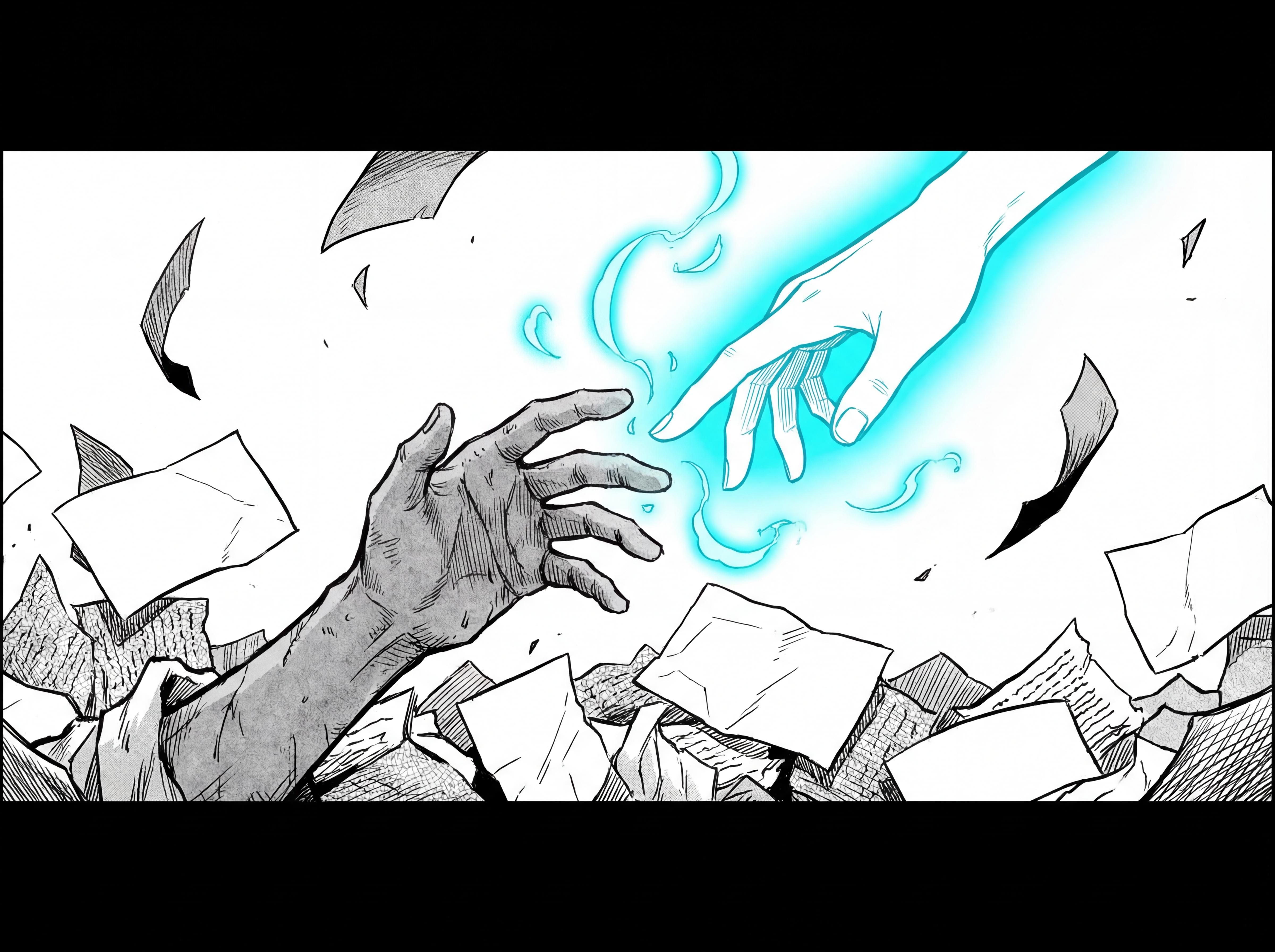 A hand reaching down through the clouds to help someone climb past scattered textbooks toward readable manga