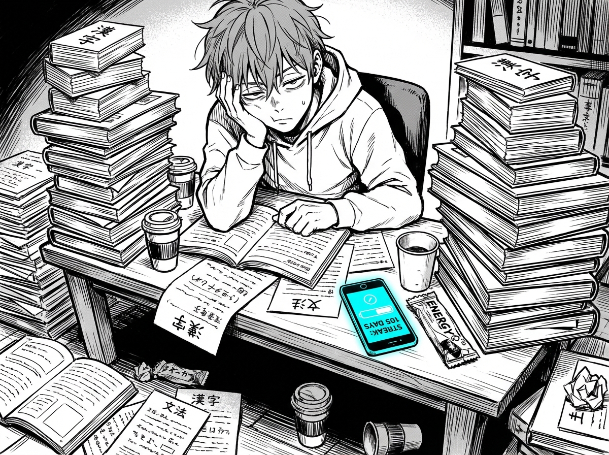 A student buried in stacks of flashcards and textbooks, exhausted from endless studying
