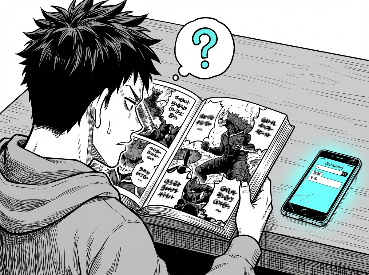 A person staring at an open manga page filled with incomprehensible text, dictionary in hand